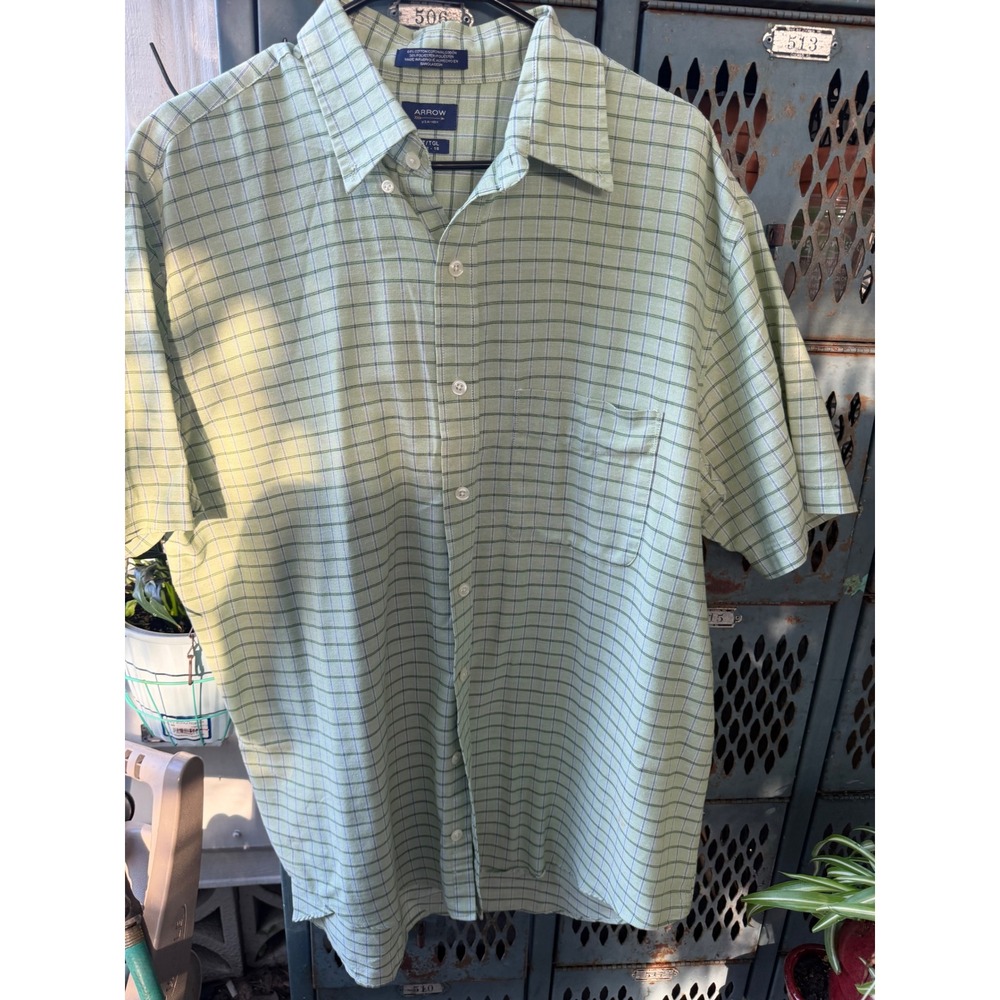 Arrow Mens XLT Tall Short Sleeve Button Down Shirt Green Check Grid Cotton Blend